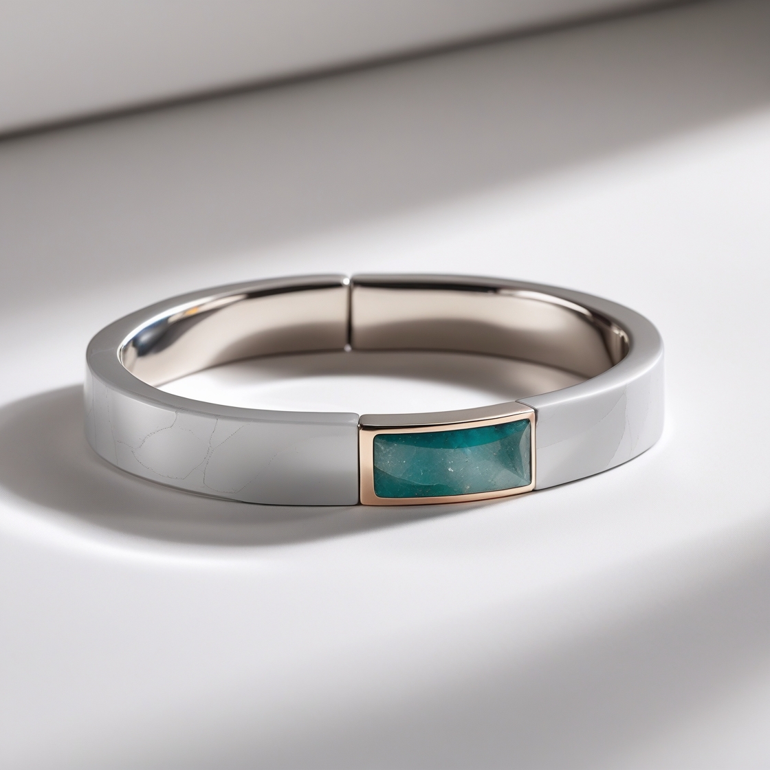 Contemporary Ceramic & Steel Bracelet with Emerald-Tone Stone Inlay